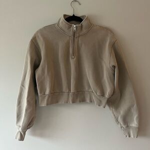 Tna Aritzia Cozy Fleece Perfect Quarter Zip Cropped Pullover - Taupe Medium